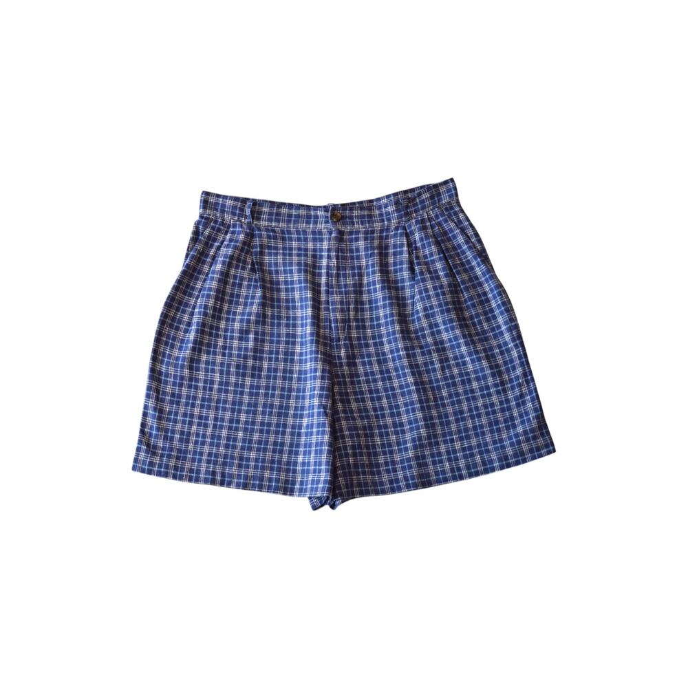 Vintage Blue Plaid Linen Cotton Pleated Shorts Size 12 Petite